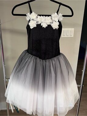 Girls Black and White Ombré Tulle Dance Costume with Floral Appliqué